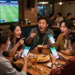 Bongdalu app showcased during a thrilling live sports betting session with friends at a bar, highlighting interactive gameplay.