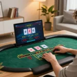 Player enjoying bugatti8 online casino gaming on laptop in a cozy, modern setting