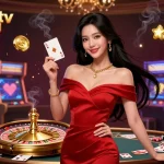 Play thrilling games on vào lưới tv, featuring a stylish Asian woman with a golden card next to a roulette wheel, exuding elegance and excitement.
