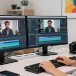 Creator generating ai video prompts in a modern tech workspace with multiple screens and AI tools.