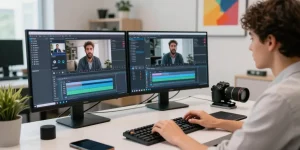 Creator generating ai video prompts in a modern tech workspace with multiple screens and AI tools.