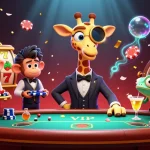 Play thrilling games at olx111 with a vibrant 3D casino illustration featuring a high-roller giraffe and lively characters.