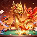Experience Daftar Dominobet Poker with a vibrant scene featuring a golden dragon, phoenix, and koi fish amidst a celebratory gaming atmosphere.