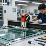 Technician using a glass cutting table in a professional glass processing workshop.