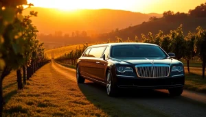 Luxurious winery tour limousine amidst stunning vineyard scenery, ready for an elegant experience.