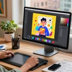 Graphic designer using nano banana 2 AI image editor in a vibrant creative workspace.