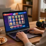 Engaging home gaming scene with nhà cái nk88 online casino interface on laptop.