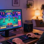 Joueur s'engageant dans un passionnant jeu de casino en ligne argent réel sur un ordinateur moderne, mettant en avant une atmosphère de jeu vibrante.