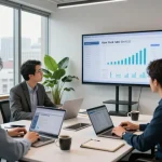 Team analyzing metrics for New York SEO Services in a modern office.