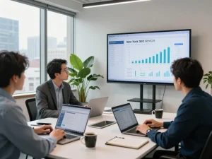 Team analyzing metrics for New York SEO Services in a modern office.