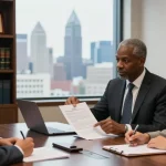 Philadelphia Employment Lawyer consulting with client in modern office, showcasing commitment to client-focused legal service