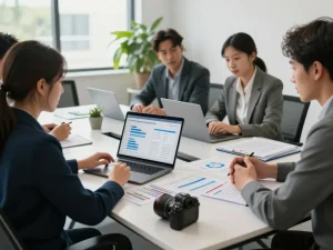 Business analysis of meta agency ad accounts rent with a team discussing ad strategies.