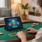 betbet player enjoying a live dealer game on tablet in cozy home setting, emphasizing strategic online gambling.
