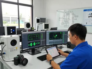 Automation technology workspace showcasing Hải Phòng Tech sensors and analytics in action