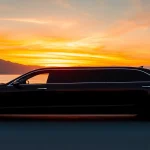 Experience high-end limo service vancouver to seattle with a sleek black limousine against a vibrant waterfront backdrop.