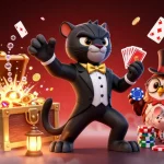 Scena coinvolgente che ritrae casinò non aams sicuri con un elegante dealer pantera, un gufo e un topo fortunato tra elementi di gioco vibranti.