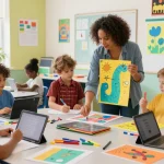 Students using a poster maker for schools to create vibrant classroom displays.