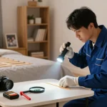 Bed bug exterminators inspecting a clean bedroom for infestations, ensuring family safety.