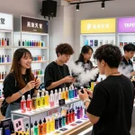 Diverse group enjoying flavors at 蒸氣天堂 vape shop with modern devices and vibrant atmosphere.