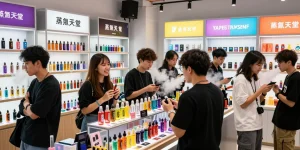 Diverse group enjoying flavors at 蒸氣天堂 vape shop with modern devices and vibrant atmosphere.