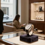 Customer admiring high-quality replica watches in an elegant boutique setting.