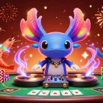 Bangsawan88 showcases an energetic gambling scene with a neon-themed axolotl DJ and vibrant casino elements.