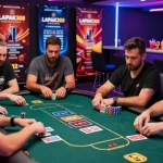 Suasana permainan poker LAPAK303 yang seru dengan pemain beragam, kartu, dan suasana neon.