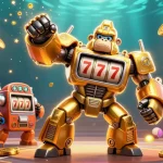Experience LGOSUPER with a dynamic golden gorilla mech and sports elements in action-packed casino illustration.