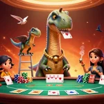 KADAL778 showcases a vibrant 3D casino scene with a brontosaurus and raptor at a poker table.