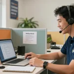Friendly technician providing Telus-Technical-Support over the phone in a modern workspace setting