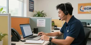 Friendly technician providing Telus-Technical-Support over the phone in a modern workspace setting