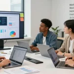 Engaged team collaborating on social media ad templates in a bright office environment
