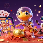 Nohu90's Martian gecko exploring a golden casino with exciting gaming elements amidst vibrant asteroids.