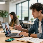 Young professional using WhatsApp網頁版 for communication in a modern office.