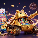 Naga303 showcases an interactive mini casino inside a golden beetle tank with vibrant gaming details.