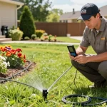 Professional Irrigation Services in Fort Worth, TX, showcased by a technician examining a lush lawn and irrigation equipment.