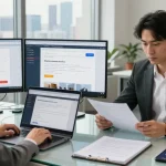Job seeker reviewing google jobs applications in a modern office workspace.