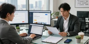 Job seeker reviewing google jobs applications in a modern office workspace.