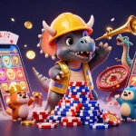 Nohu90 brings excitement with a triceratops building poker chips, celebrating bold wins!