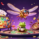 Join the excitement at LGOSUPER as a dragonfly pilot hovers above a lively casino scene filled with dynamic games.
