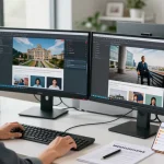 Content moderator using advanced tools to detect AI image content in a modern workspace environment.