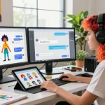 Character designer creating Crushon AI chatbot personas in a vibrant digital workspace