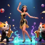 Scopri l'energia vibrante dei casinò online non AAMS attraverso un'illustrazione che presenta una flapper danzante e un gatto sassofonista.
