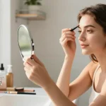 Applying eyebrow pencil light brown for a natural brow look in a bright bathroom setting.