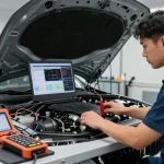Chiptuning Hannover: Fachmann optimiert BMW-Motor mit modernster Diagnoseausrüstung in professioneller Werkstatt.