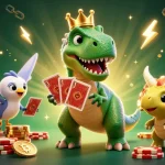 Spin to win with ee88 as a friendly T-Rex shuffles cards in a vibrant casino scene.