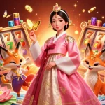 Experience thrilling gaming with slot server thailand, featuring vibrant slot reels and an elegant character.