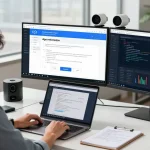 Age verification system interface in a modern office workspace with biometric security tech highlights.