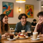 Group of friends enjoying coffee at café, capturing the essence of having a crush on someone.