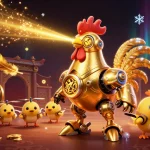 Experience thrilling wins at IDC88JOKER, where a 3D golden rooster leads the excitement in a dynamic casino scene.
